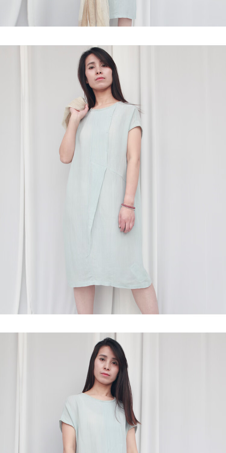 无色无味女装原创设计棉麻休闲夏小圆领简约苎麻连衣裙浅蓝色3816584a
