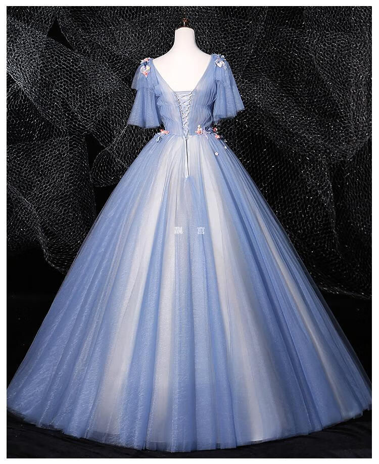 艺考礼服女声乐新款独唱女长款美声蓬蓬裙舞台主持演出服装显瘦雾霾蓝