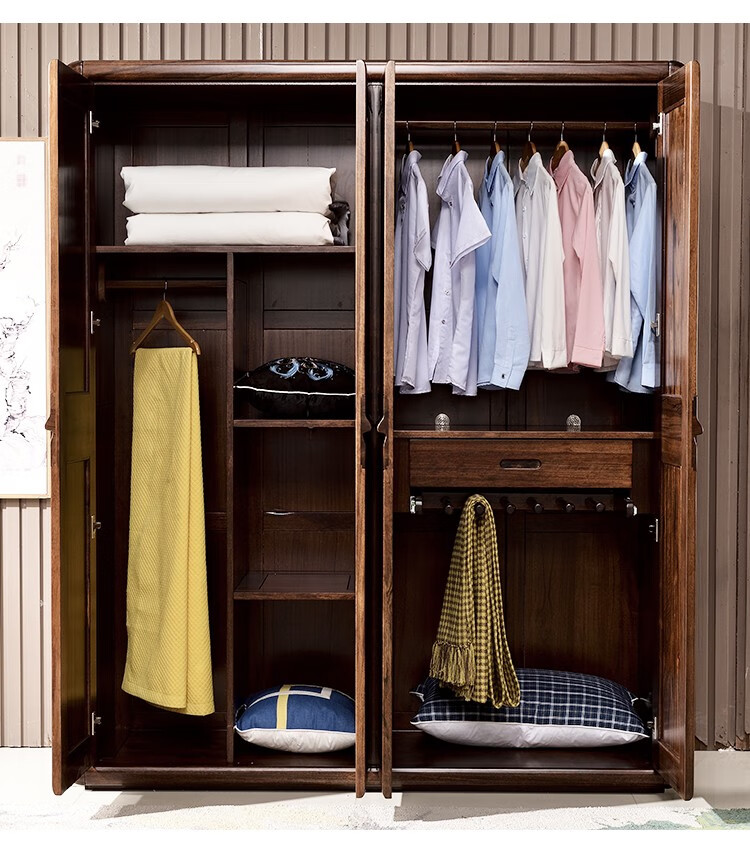 安尔轩全实木衣柜黑胡桃木衣柜三门四门五门大衣柜抽屉储物柜中式整体