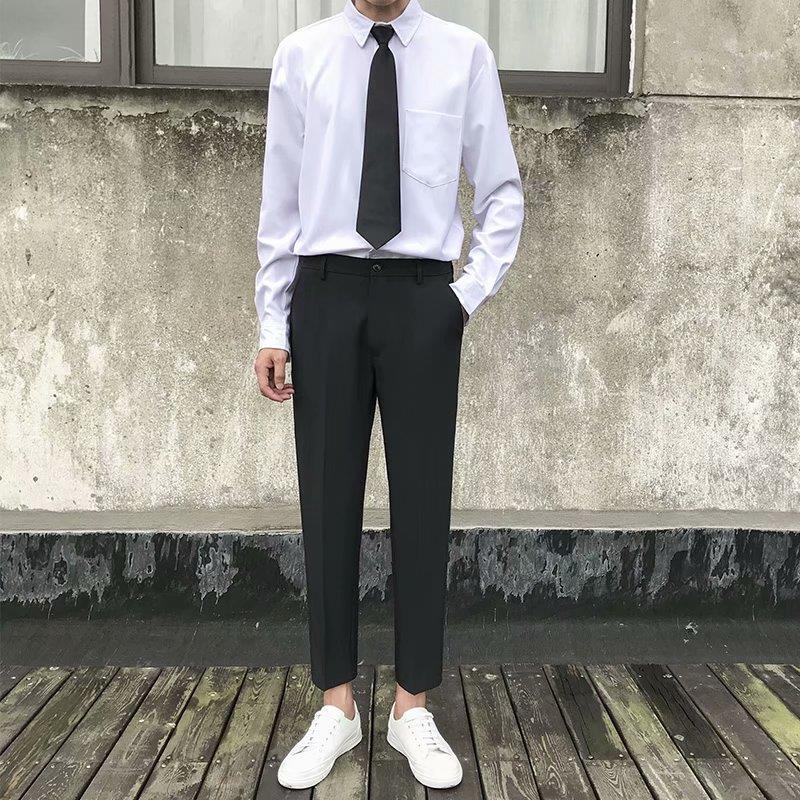 男士夏天上班面试穿的正装套装薄款男士职业正式白衬衫搭配黑西裤两件