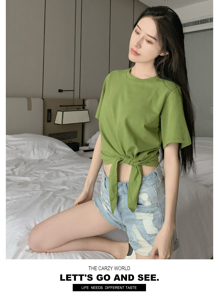 短袖棉t恤女丅衫裇血上衣打结休闲高腰短版短装个性