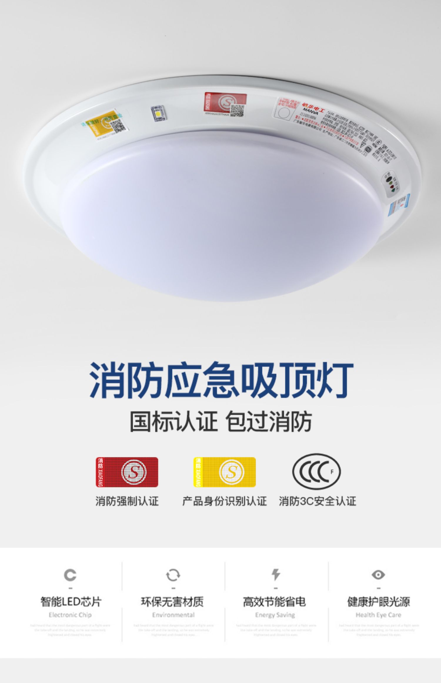 迈多多敏华消防应急照明吸顶灯感应灯楼道家用商场声光控停电照明面包