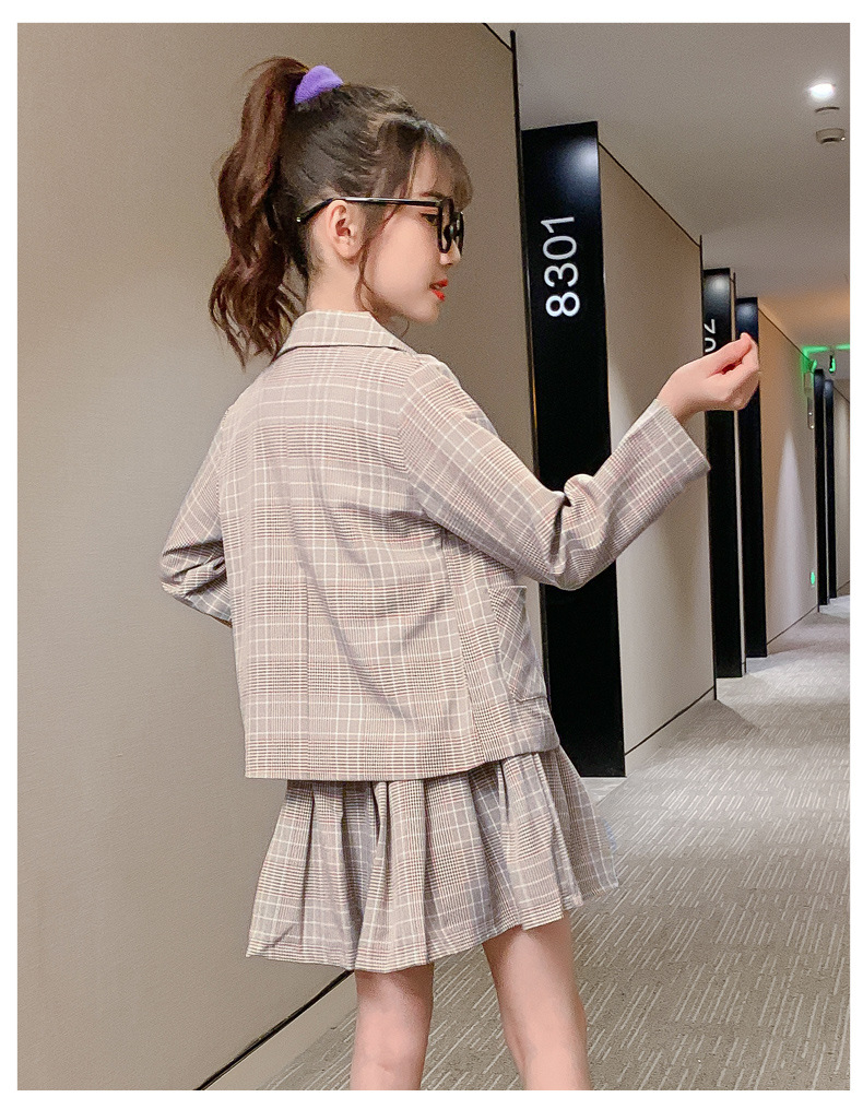 女童西装套装新款小女孩秋装洋气格子百褶裙两件套春秋中大童套裙西装