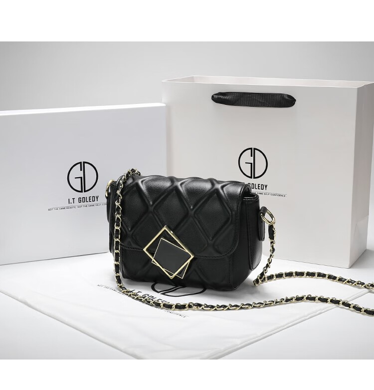 2022新款香港itgdledy菱格小包包女真皮链条斜挎包百搭感女包 米白色