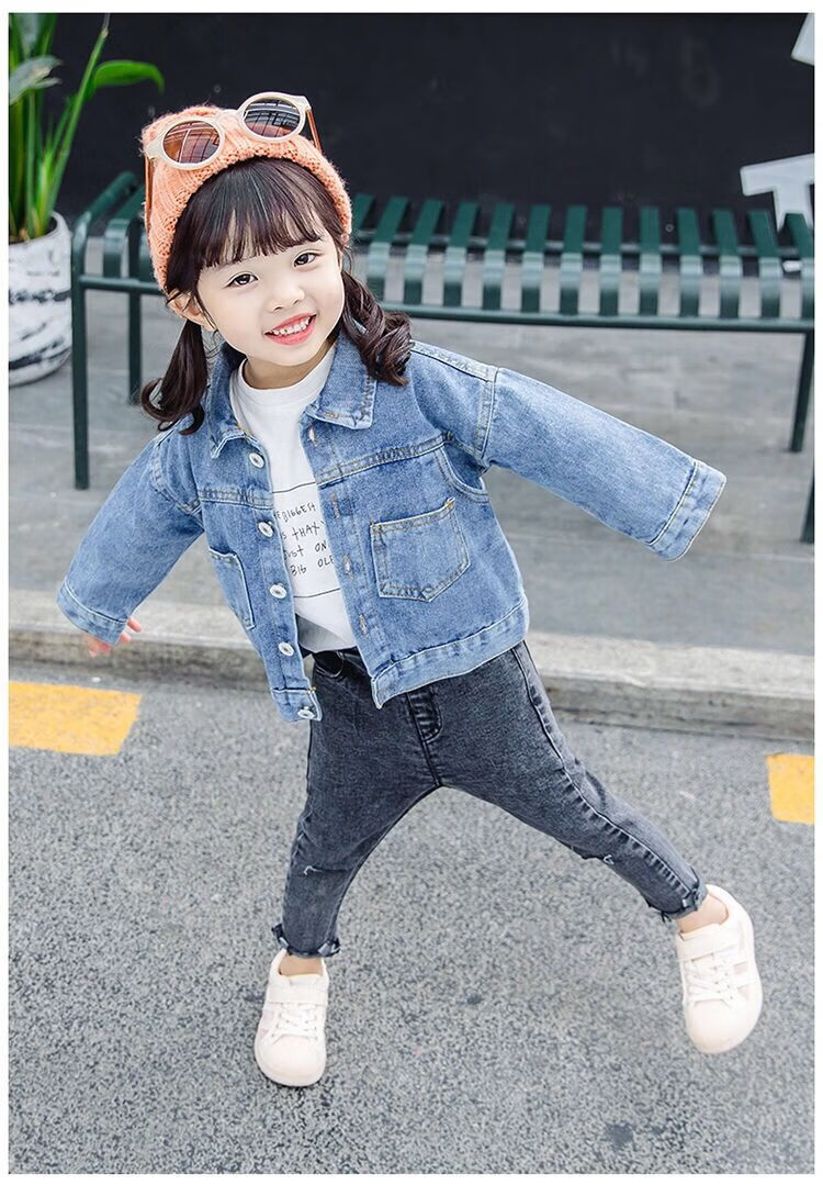 新款女童春装牛仔外套纯色牛仔上衣中小大童外套岁岁岁衣 牛仔蓝 80码