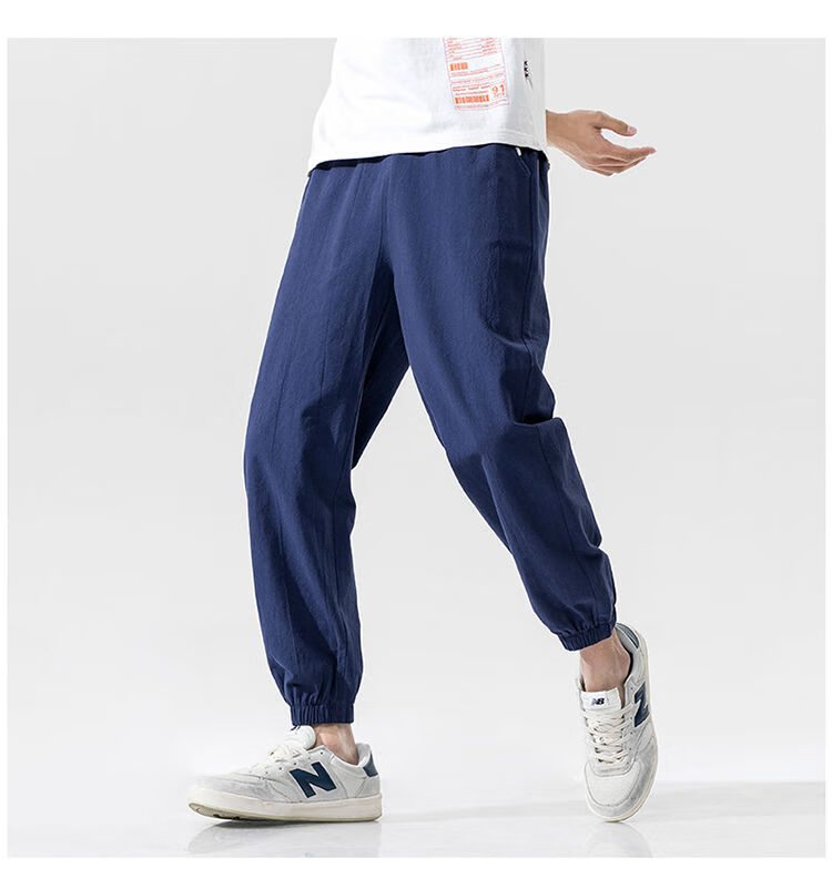 2021新款韩版潮流休闲长裤宽松亚麻束脚九分运动男裤sn3161浅蓝色l