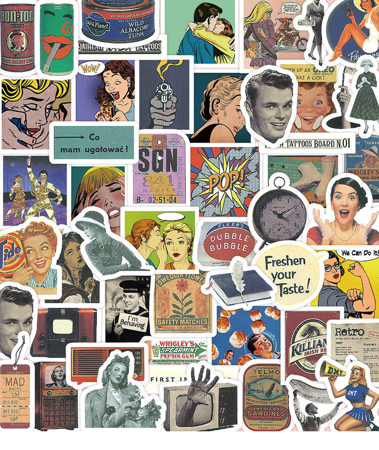 100张创意美式复古搞怪人物贴纸包手帐手机电脑装饰背景素材贴画50张