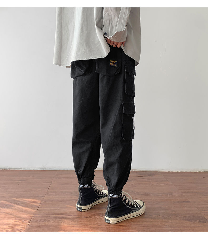 ins工装裤男秋季潮牌束脚2020网红抖音九分百搭港风休闲裤子 黑色 m