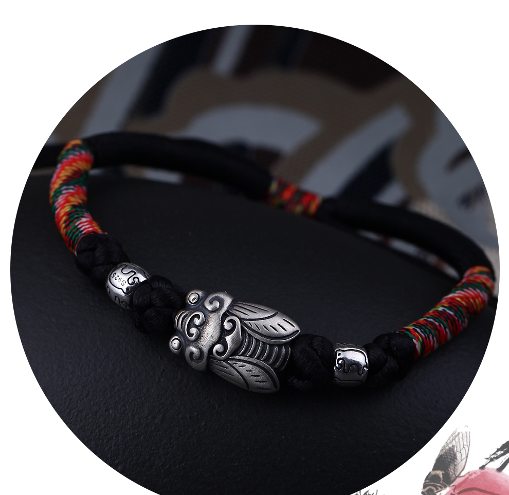 老银匠银手链925银复古民族风手工编织手绳个性时尚做旧蝉银手链节