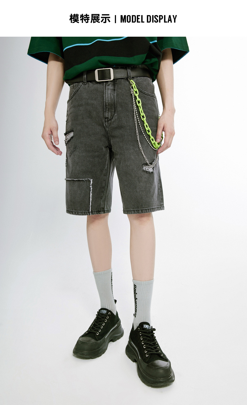 商场同款马克华菲潮牌短裤男2021夏季新品水洗破洞牛仔五分裤262灰色