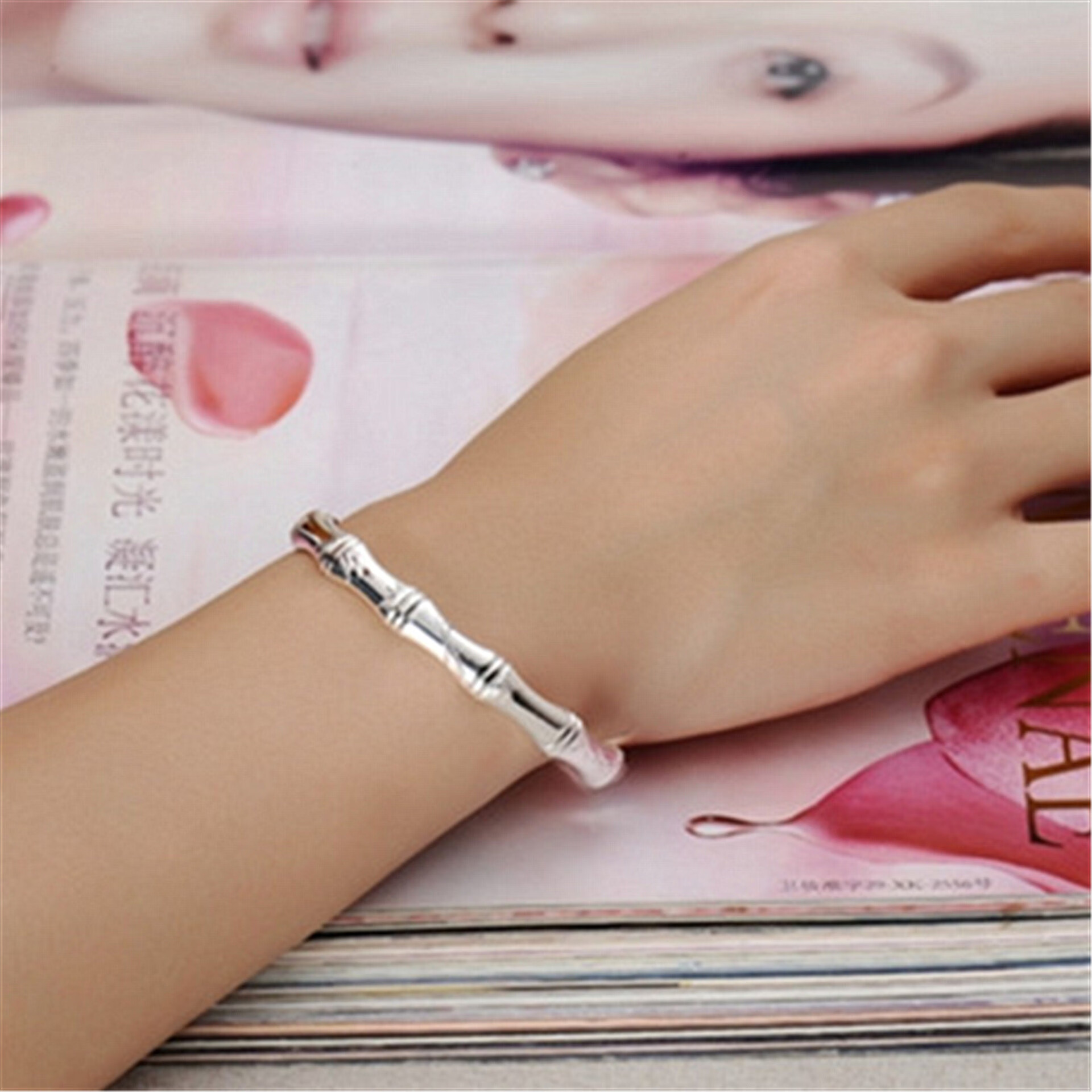 手镯百搭时尚潮流银竹节手镯光面日韩简约竹子手镯子软白铜与银精炼而