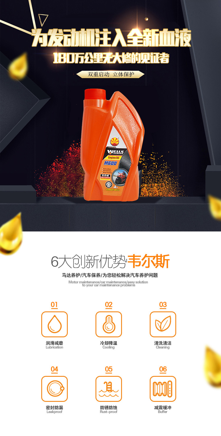 wells韦尔斯润滑油 四冲程4t全合成摩托车机油 m600 sm级 1l 20w-50