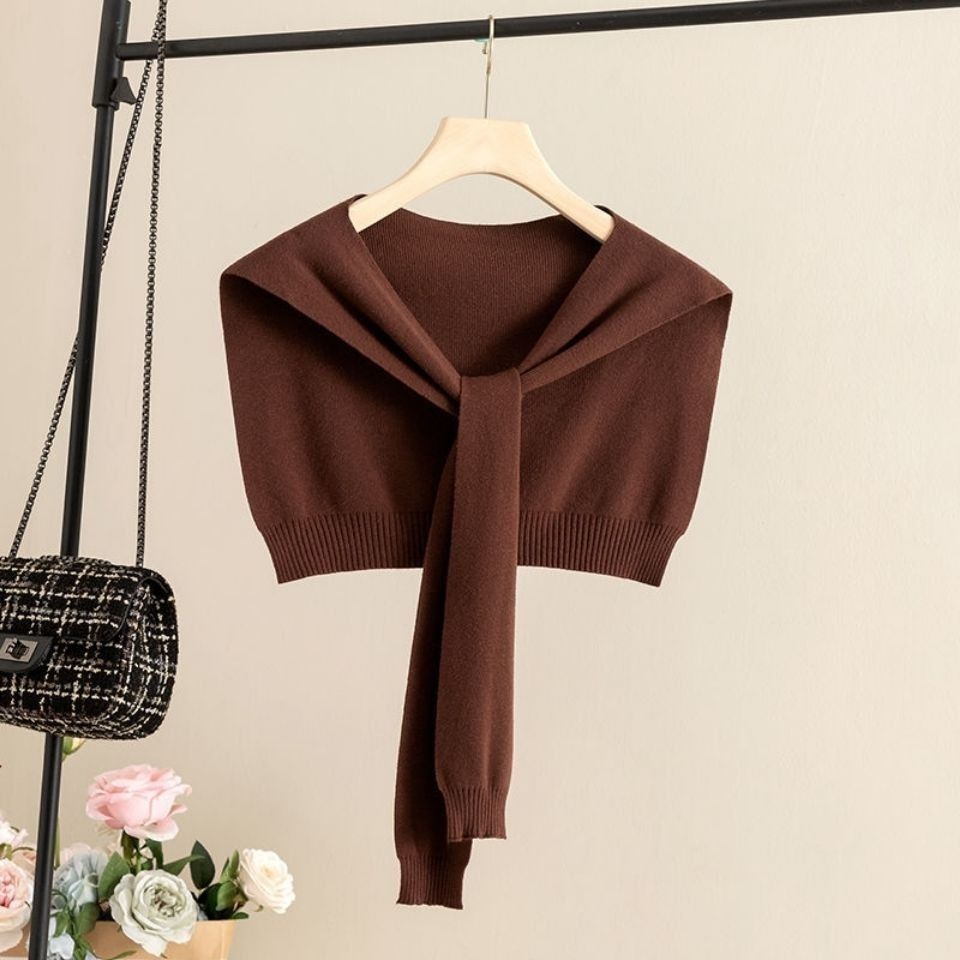 韩版度假外搭针织小披肩长袖打结搭肩女毛线围巾配饰假领坎肩黄色