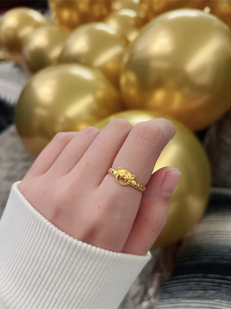 老凤凰999足金老虎黄金戒指女款3d硬金本命年生肖虎头戒子萌虎戒可