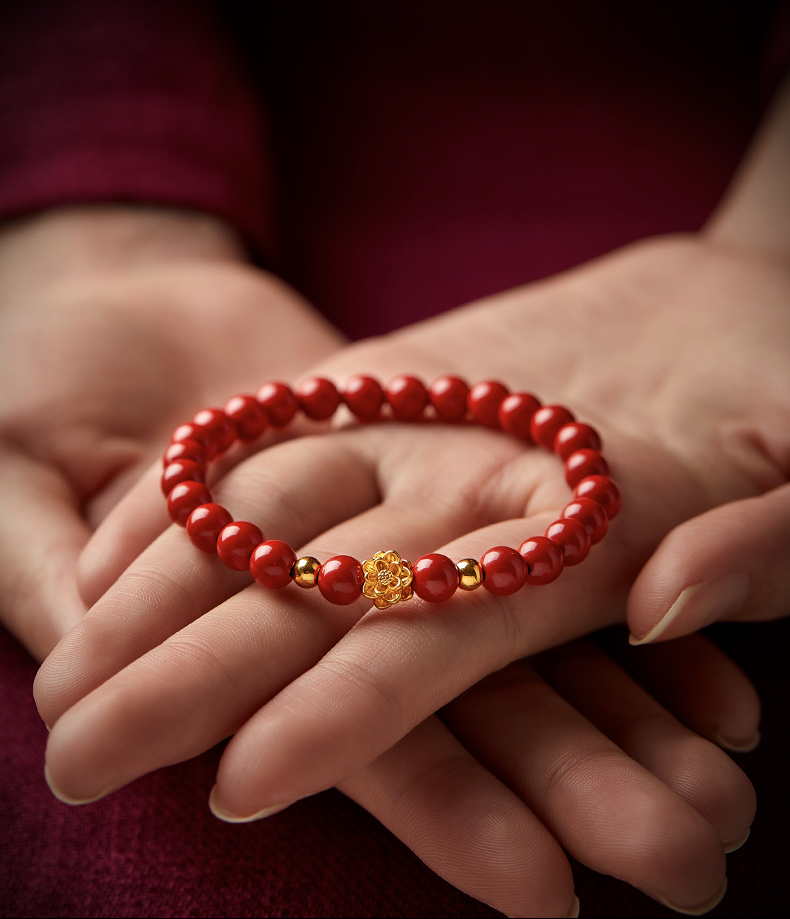 淘运阁朱砂手串女神999足金黄金莲花佛珠手链男转运珠送老婆女友妈妈