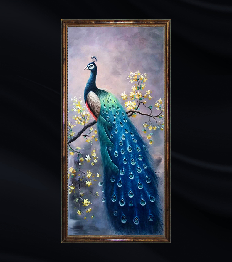 帝旗纯手绘蓝孔雀油画过道走廊装饰画新中式入户玄关挂画美式欧式墙画