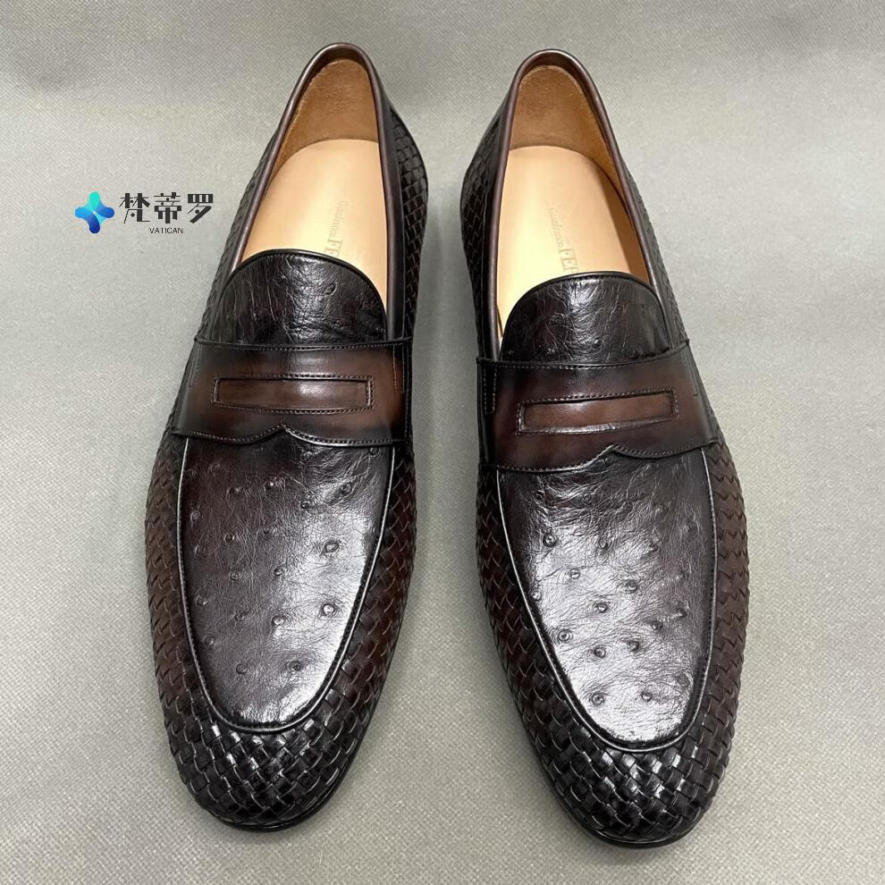 潮牌巴宝莉bv男鞋欧洲站鸵鸟皮加编织牛皮高端皮鞋套脚男鞋商务皮鞋擦