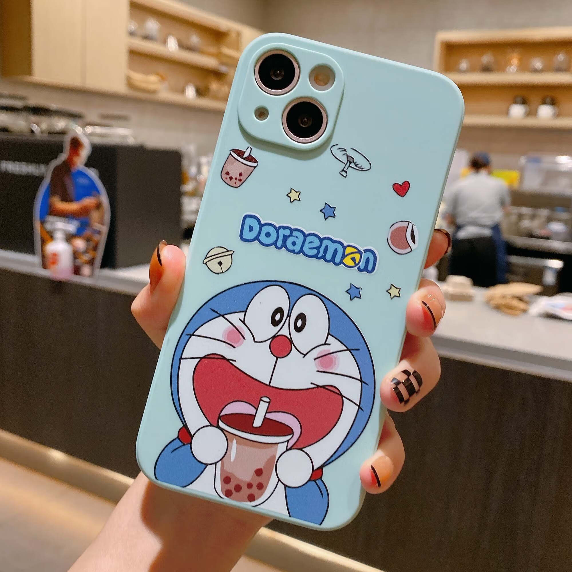 ploiu 卡通喝奶茶哆啦a梦适用苹果11手机壳iphone12mini直边xsmax外壳