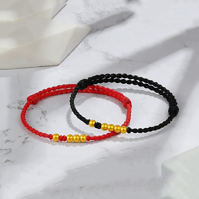 黄金1314情侣手链男女一对情侣款999足金转运珠手工编织红绳小金珠手