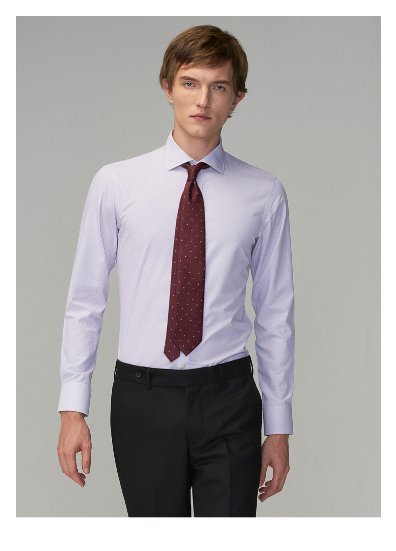 anos春季尖领暗扣领再生纤维素条纹衬衫商务修身职业抗皱透气长袖男