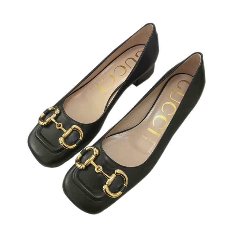 【精品】gucci古驰 女士黑色方头马衔扣粗跟单鞋 ah女鞋 黑色系 36