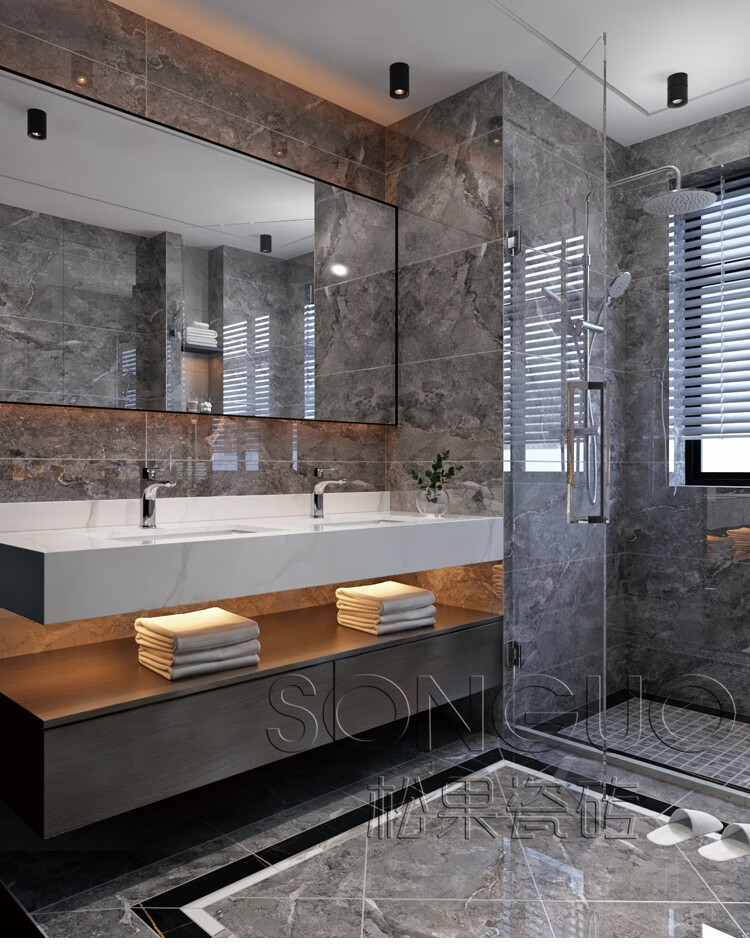 松果瓷砖 现代简约灰色通体大理石瓷砖深灰色卫生间厨房墙砖地砖客厅