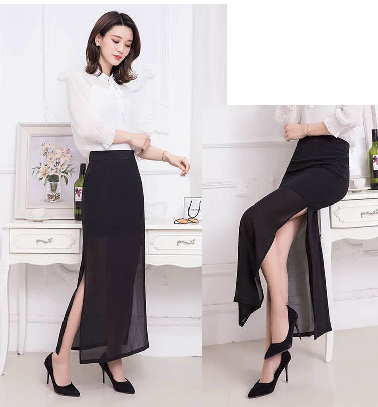 雪纺半身裙长裙夏季新包裙韩版侧开叉黑色包臀裙高腰中长款一步裙 裙
