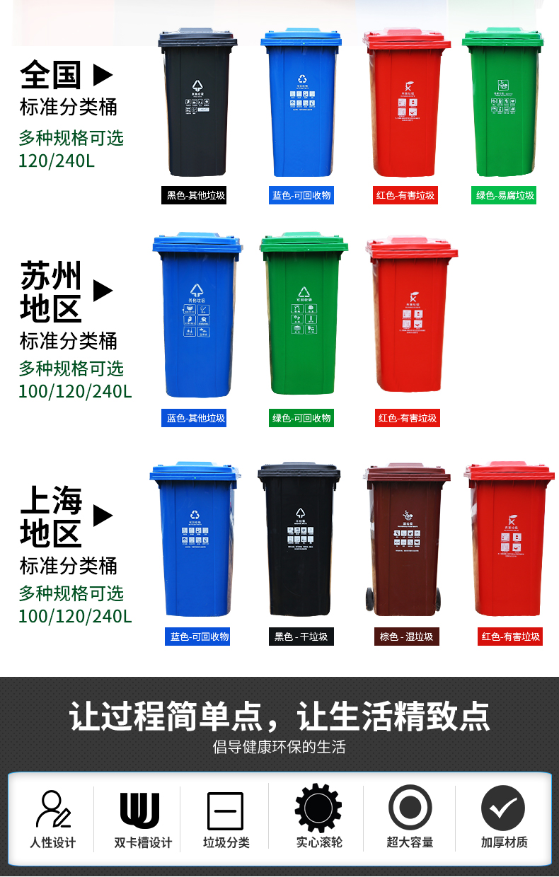 室外120工业带盖小区环卫箱 240l绿色可回收垃圾 苏州标准【图片 价格
