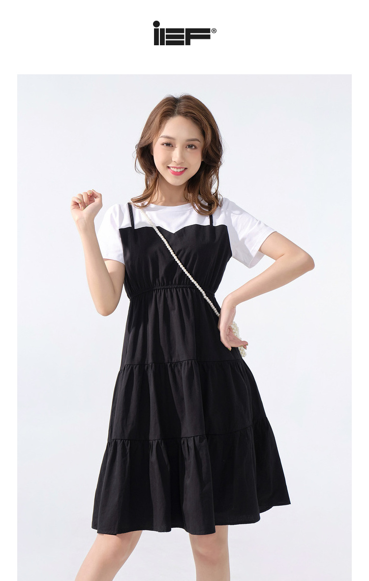 ief/爱依服连衣裙女高腰2020夏季新款时尚简约假两件短袖a字裙1331k-d
