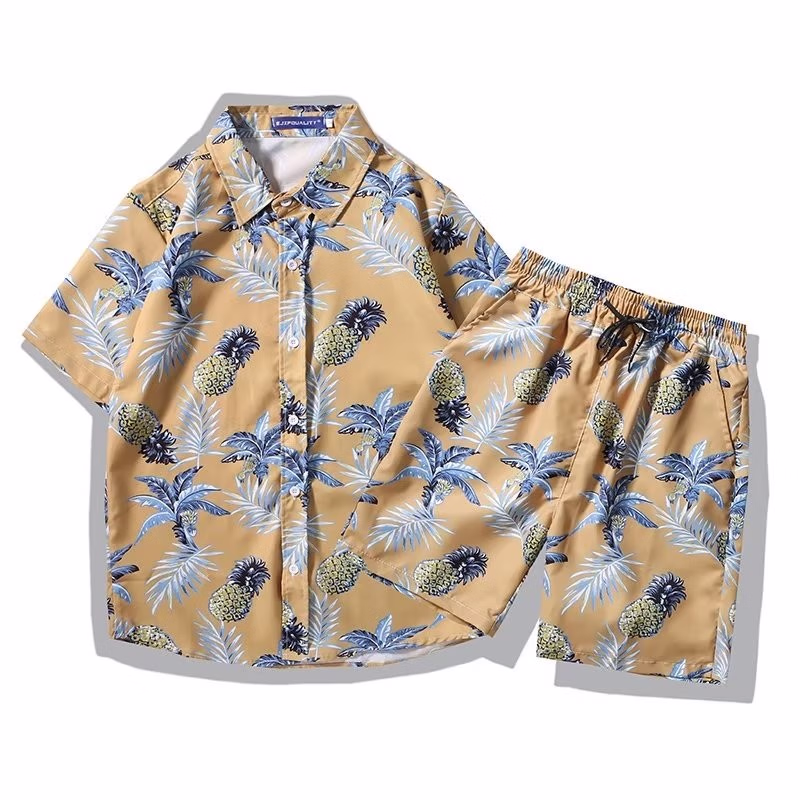 Casual Printed Shirt Men's Summer Beach Shorts Short-sleeved Two-piece Suit Loose Trend Handsome Hawaiian Vacation Shirt Men_viptrois.com