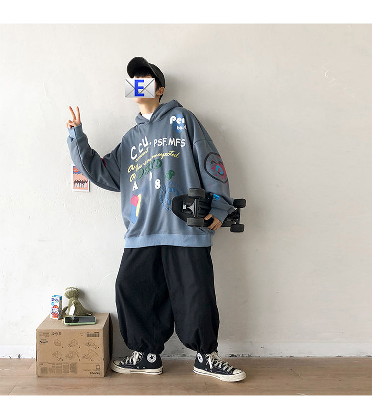 港风日系大码休闲印花套头男士卫衣韩版时尚秋季打底衫潮流男装衣服