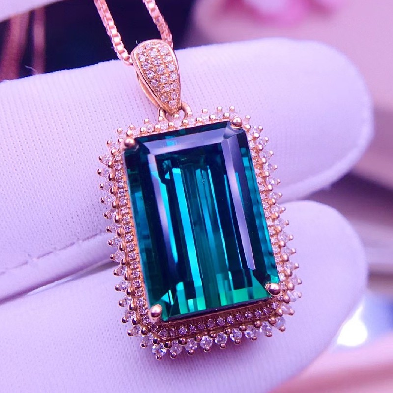 震昊天然电光蓝碧玺吊坠 18k金镶嵌 晶体透亮 水润饱满 颜色浓郁 切工