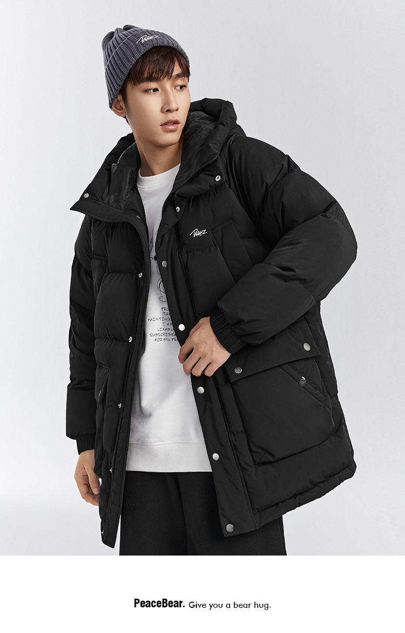 太平鸟男装羽绒服冬季新款连帽刺绣中长款宽松时尚情侣外套潮黑色xxl