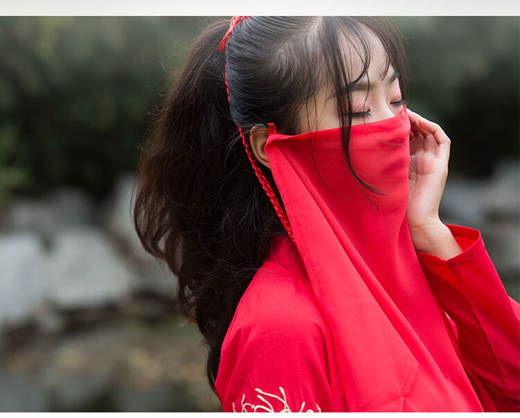 汉服古代古风面纱遮脸半透飘逸舞蹈表演头饰古装配饰面帘同款素面红纱