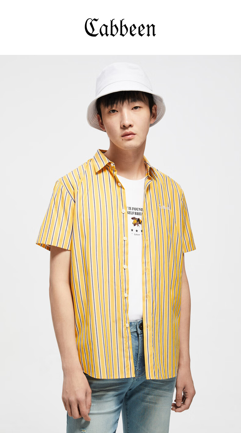 卡宾男装黄色条纹短袖翻领衬衫2020春夏新款简约时尚英文刺绣薄a 橘