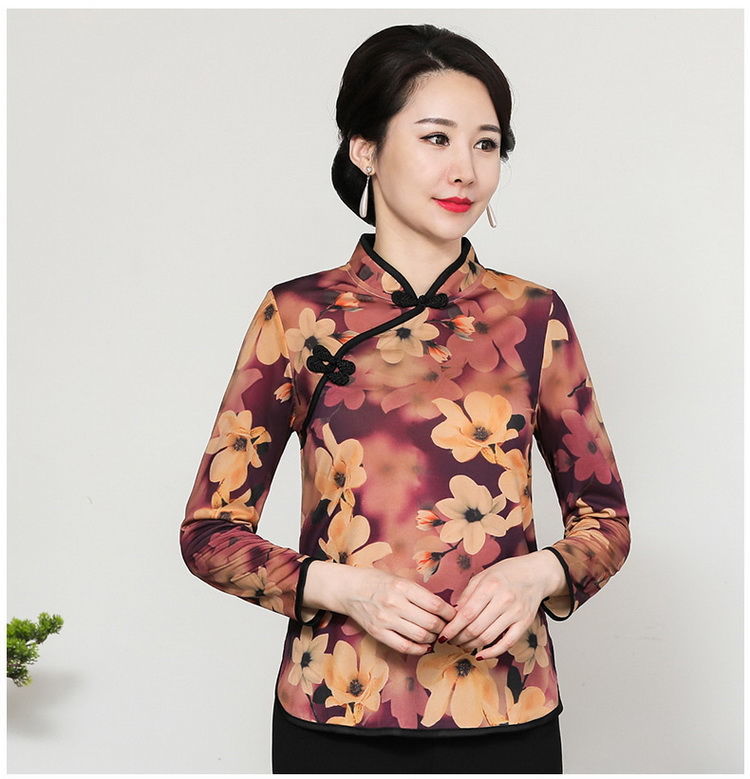 2021新款妈妈秋装短款风旗袍上衣中老年女洋气长袖打底衫sn6839花色一