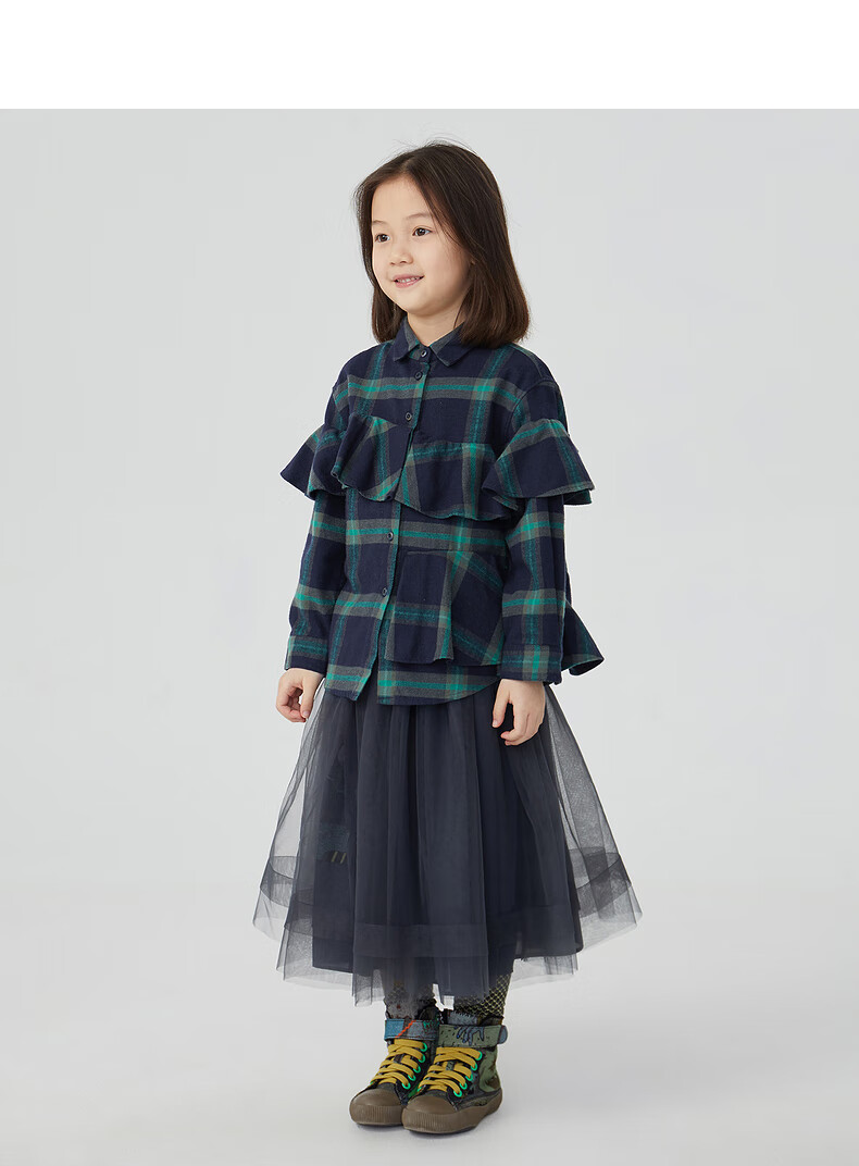 jnby by jnby江南布衣童装女童儿童秋装新品时尚可爱格纹衫长袖木耳边