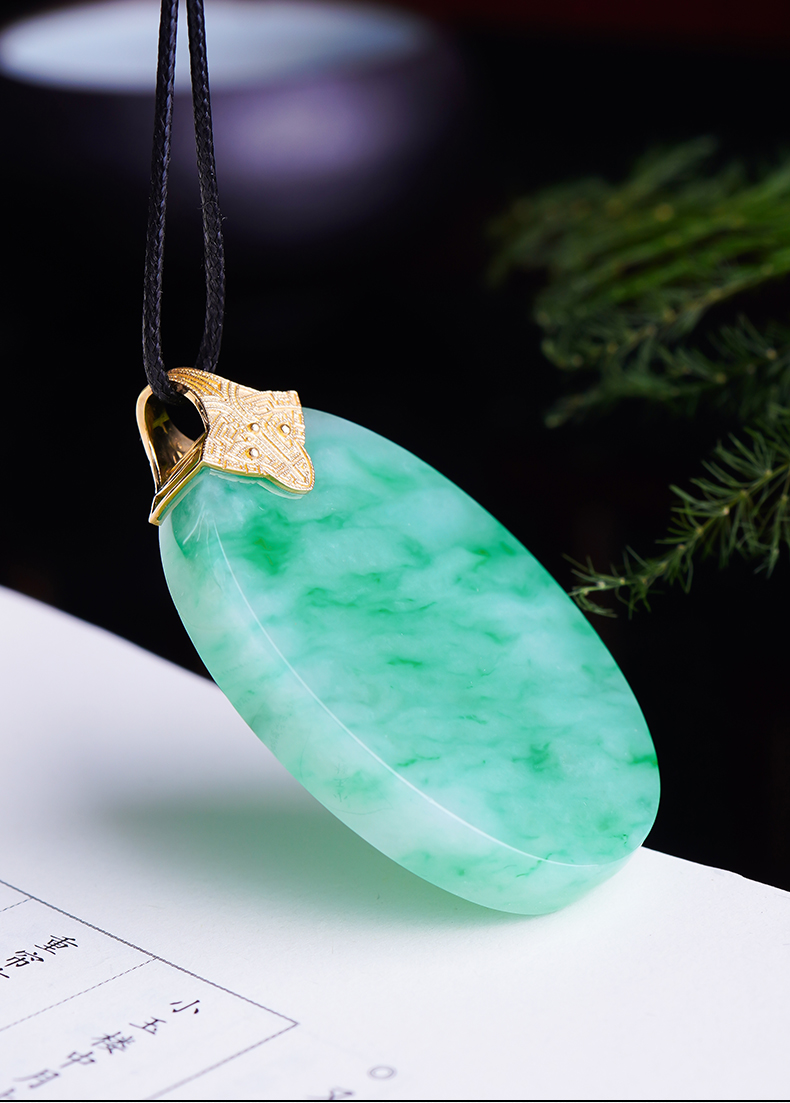 百博翡翠金丝阳绿无事牌吊坠天然缅甸玉石a货玉坠挂件qxy03平安无事