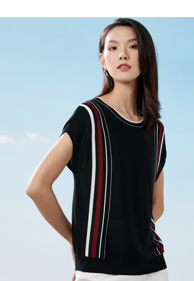 naersi娜尔思条纹蝙蝠袖圆领针织衫女夏新款套头短袖t恤上衣黑色42xl