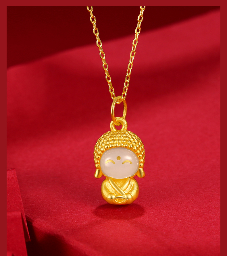 吊坠开心玉面金佛和田玉项链女款3d硬金金宝宝佛小佛金坠子送闺蜜礼物