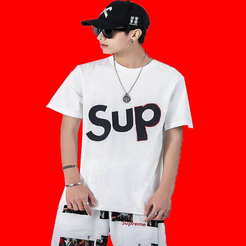 潮牌supreme联名同款song联名经典潮流大印花sup纯棉短袖t恤男女白色s