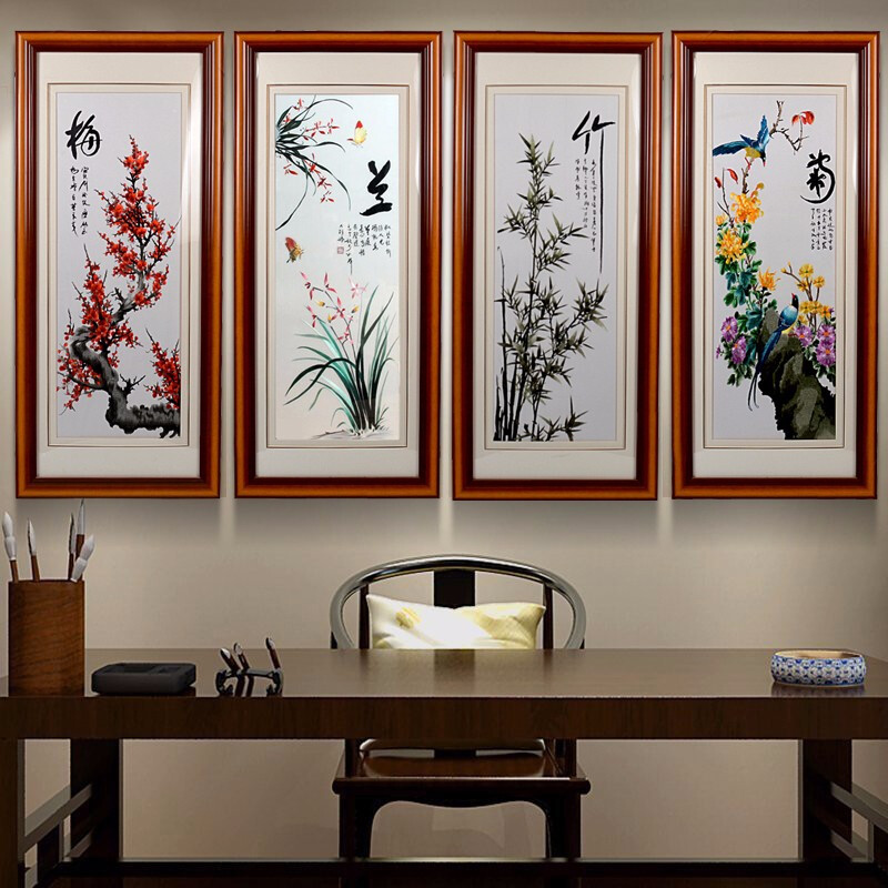 苏绣梅兰竹菊挂画客厅书房装饰画刺绣画成品湘绣客厅画带框四联画中式