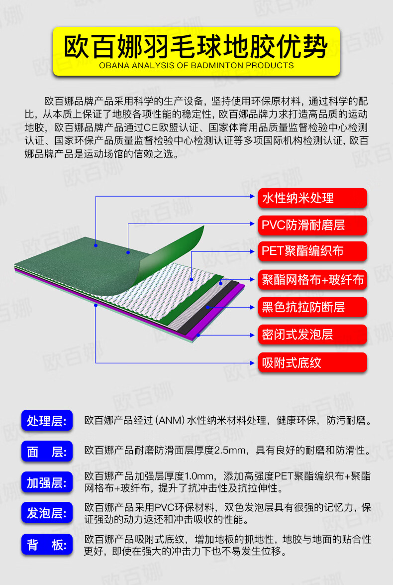 欧百娜obana 羽毛球地胶 室内乒乓球篮球场健身房专用