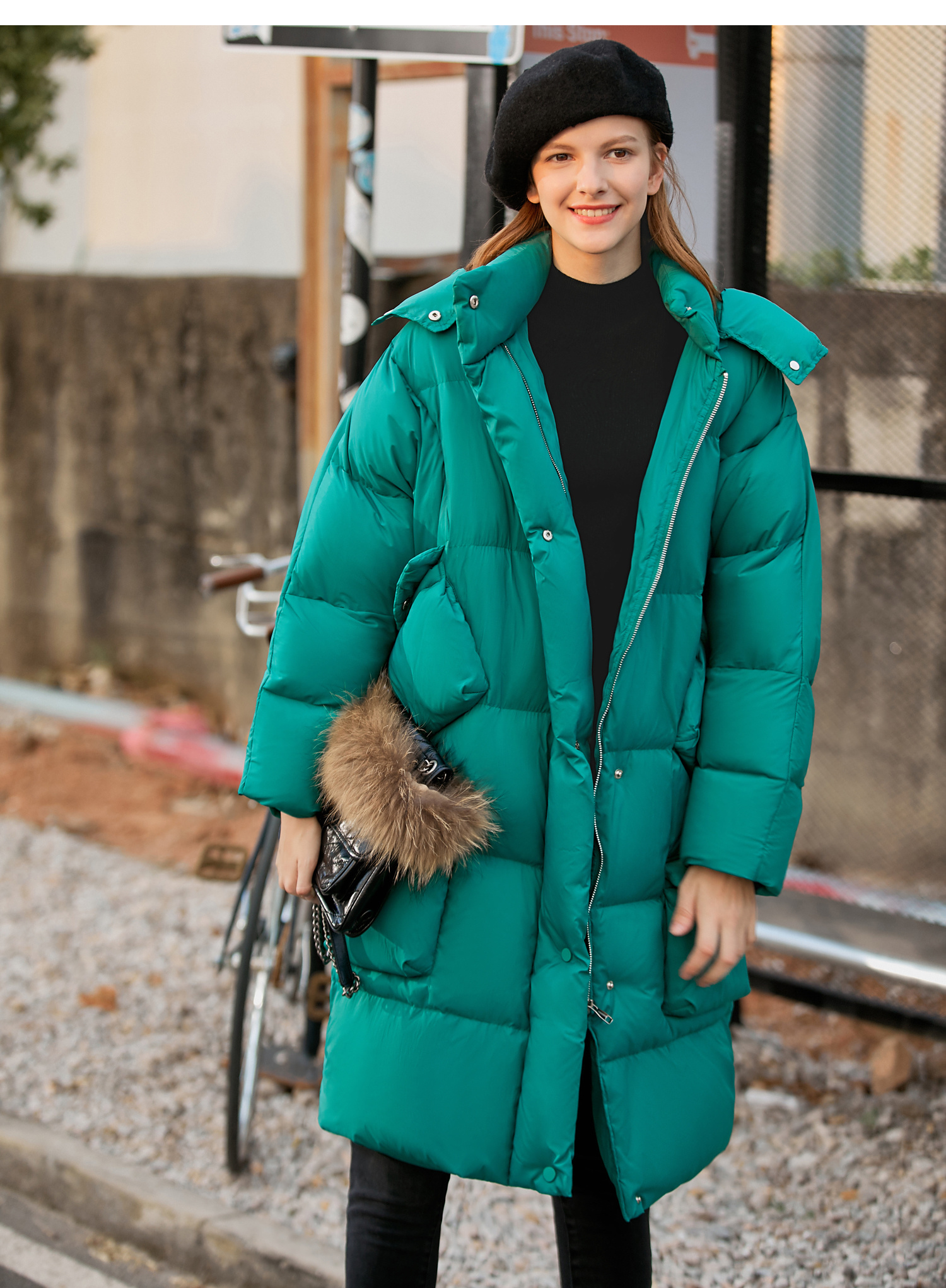 极简韩版时尚白鸭绒羽绒服女冬季新款宽松连帽多口袋外套 黑色 165