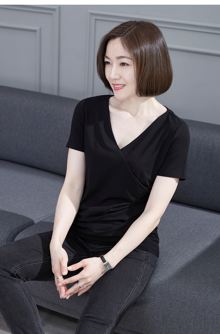 横行道2021夏季新款女装v领褶皱收腰短袖上衣修身纯色打底衫半袖夏装