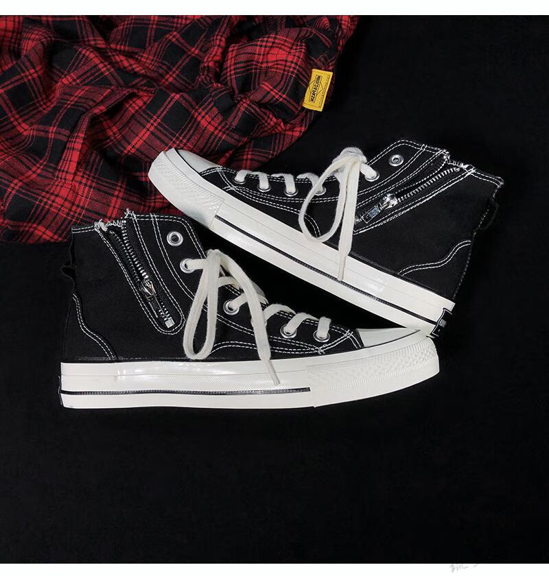 高帮帆布鞋男生港风百搭板鞋子ins小众设计感机能拉链男秋冬季潮流