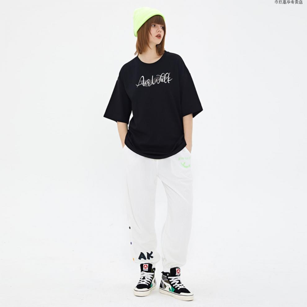 airwalk复古做旧羽毛翅膀字母印花宽松落肩圆领短袖t恤情侣款 白色