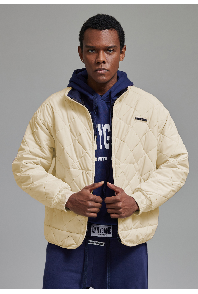 omg潮牌秋冬款时尚撞色立领短款棉服运动外套宽松无帽米色保暖黑色m