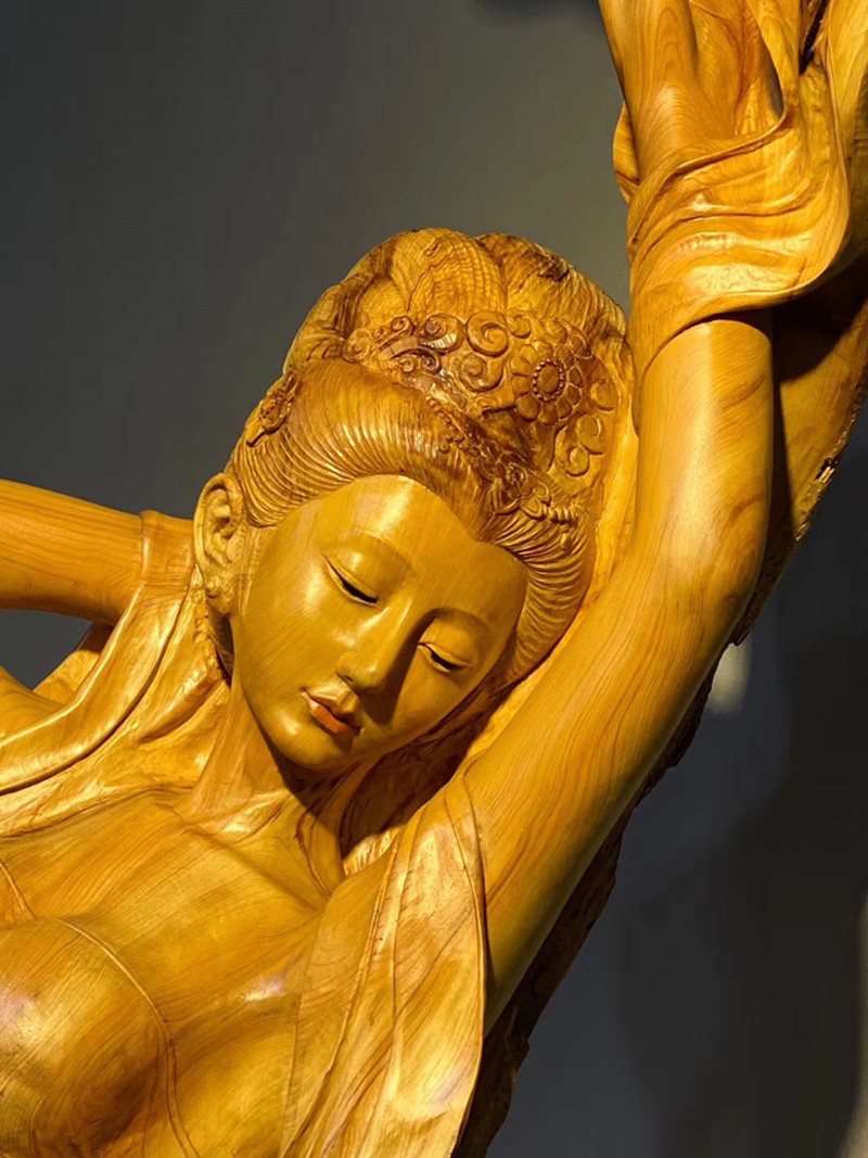 锋纯崖柏女神美女人物山水摆件敦煌飞天雕刻雕塑定制木雕实木真人艺术