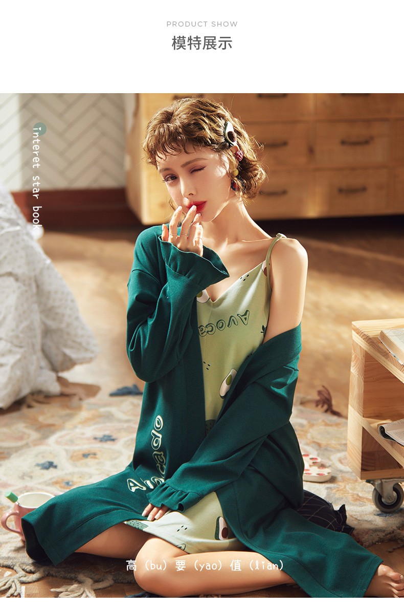 onezola睡衣女秋睡裙纯棉性感吊带睡袍两件套长款长袖薄款浴袍春秋季